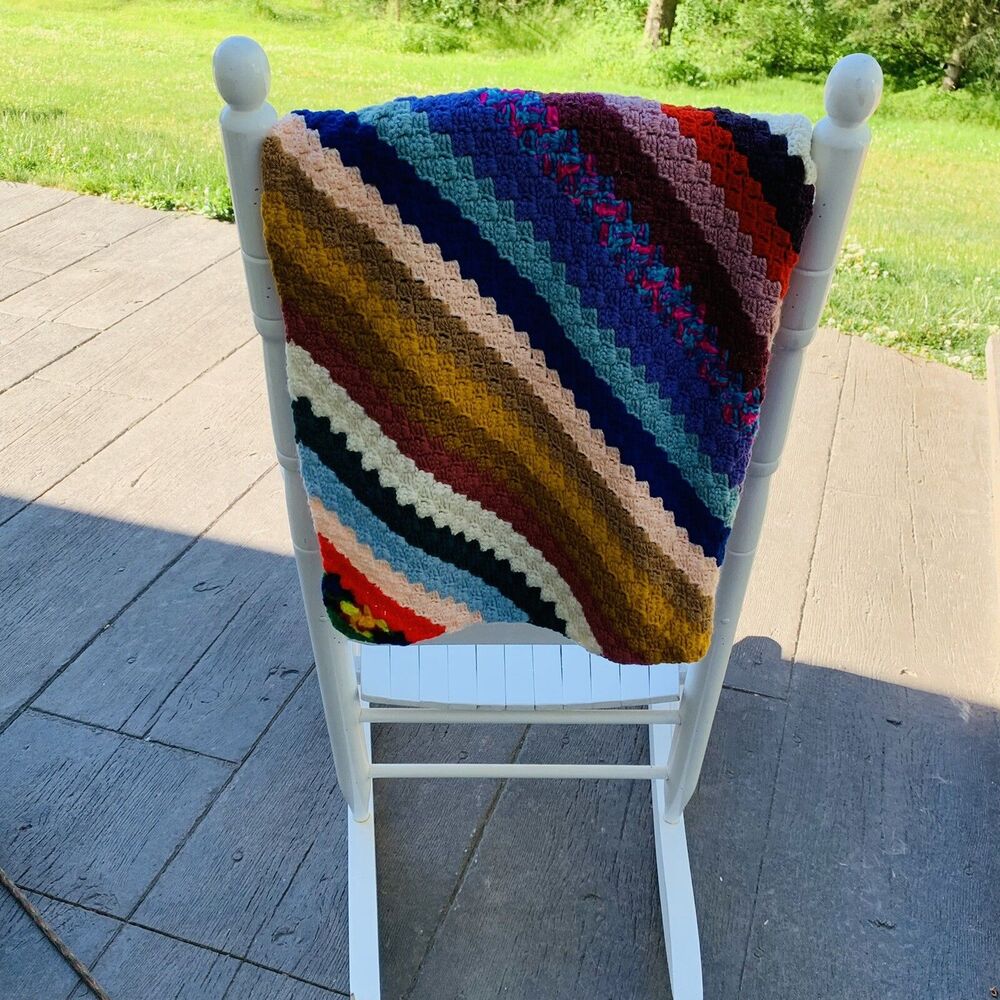Vintage Crocheted Afghan Granny Lap Blanket Multi Colorful 30”x40”. EUC